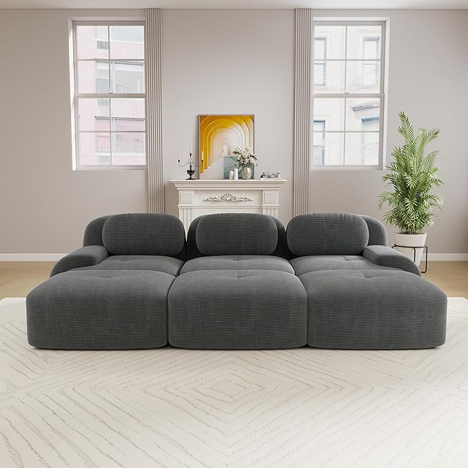 Boneless Sectional Couch No Assembly Required 117.3” Modular Cloud Sofa with Pillow and Ottoman Deep Seat Corduroy Couch for Living Room Bedroom Office Apartment
