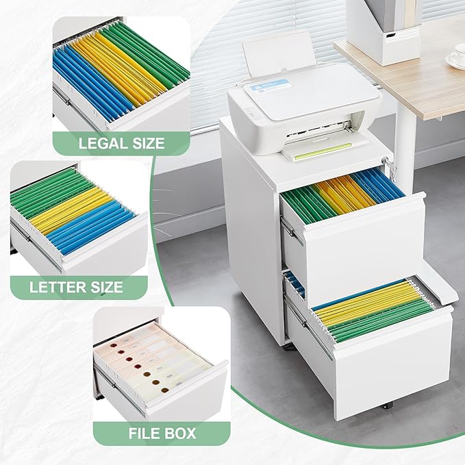 2 Drawer White File Cabinet with Lock Under Desk Storage Filing Cabinets with Wheels Small Rolling Metal Office Cabinet for Home Office Legal Letter and A4 Files