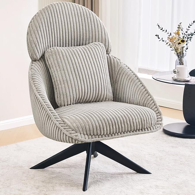 Furniliving Modern Living Room Chair Swivel Accent Chair for Living Room Desk Chair with Arms Bedroom Chair with Headrest Sofa Chair Side Chair with Pillow ArmchairCorduroy Grey