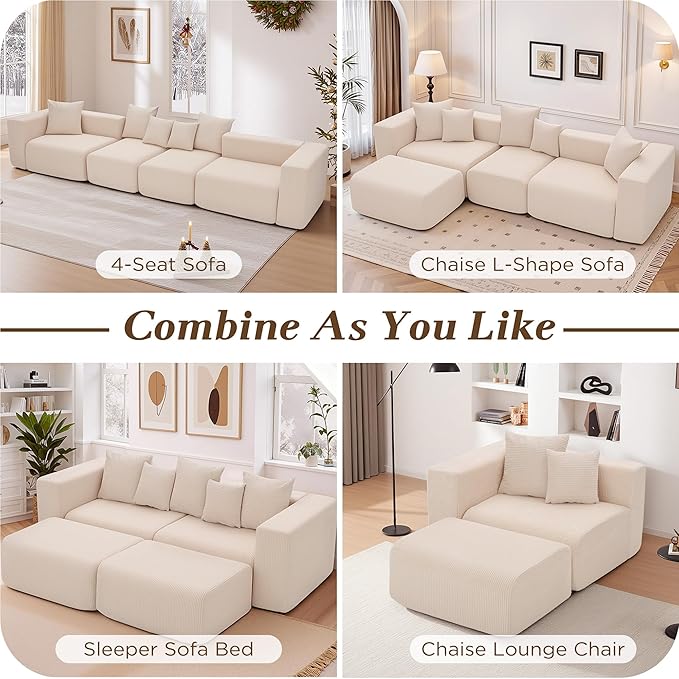 117” Boneless Cloud CouchSectional Modern 4 Seater L-Shaped Sleeper Sofa CouchesNo Assembly Modular Corduroy Convertible Sponge Compression Sofas with Chaise and Ottoman for Living Room(Beige)