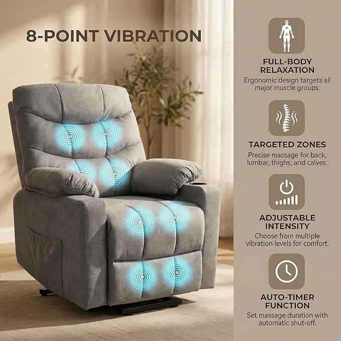 Electric Power Lift Recliner Chair for Elderly Lift Recliner Chair with Massage and Lumbar Heat 150° Reclining Chair with Cup Holders Side Pockets and Remote Control Ideal for Living Room (Grey)