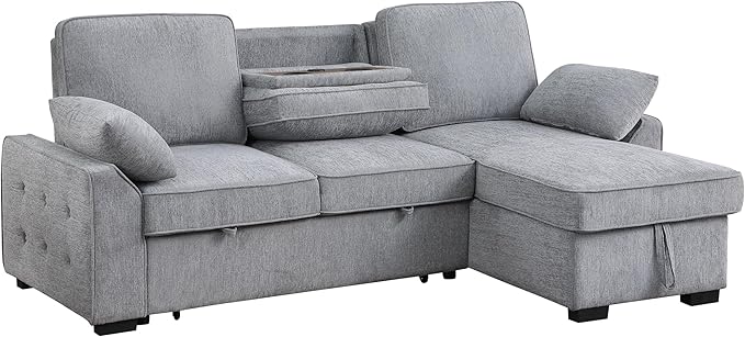 ERYE L-Shaped Pull Out Sleeper Couch Bed Modern Chenille Upholstered Button Tufted Corner Couch Reversible Sectional Sleeper Sofa Bed W/Storage Chaise Cup Holders