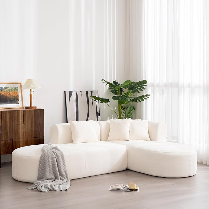 Modern L-Shaped Sofa Couch Stylish Chenille Corner Sofa for Living Room Curved Seat with Wide Stitching Four Comfortable Cushions Perfect for Living Room Bedroom and Office (Beige/367)