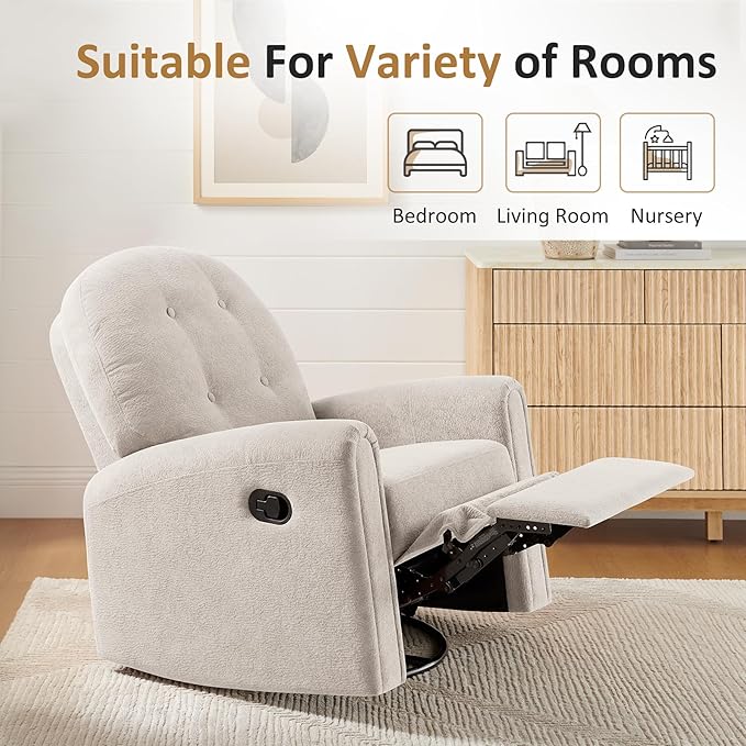 VANOMi 360 Swivel Rocker Recliner Chair Nursery Rocking Chair with Tufted Backrest Manual Recliner Chairs for Small Spaces Upholstered Glider Nursing Chair for Living Room Bedroom (Camel)