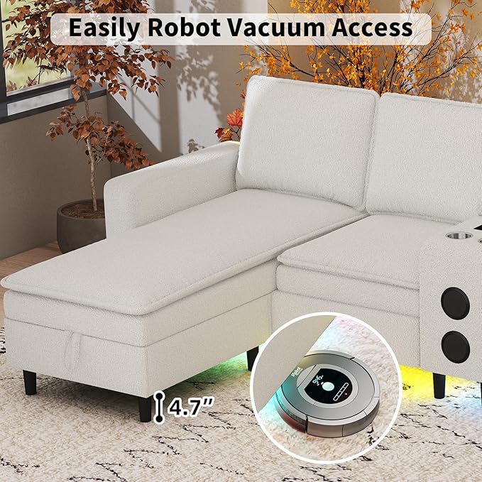 Sectional Couches for Living Room 6 Seat Sectional Sofa with Bluetooth Speaker/RGB Light/Charging Station Teddy Fleece U Shaped Couch with Storage Ottoman and Reversible Chaise Lounge - White