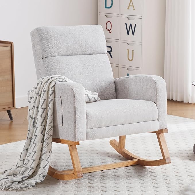 Rocking Chair Nursery with Foot Rest Nursing Rocking Chairs for Mom Breastfeeding Rocker Glider Chair with High Backrest for Living Room Bedroom Light Grey
