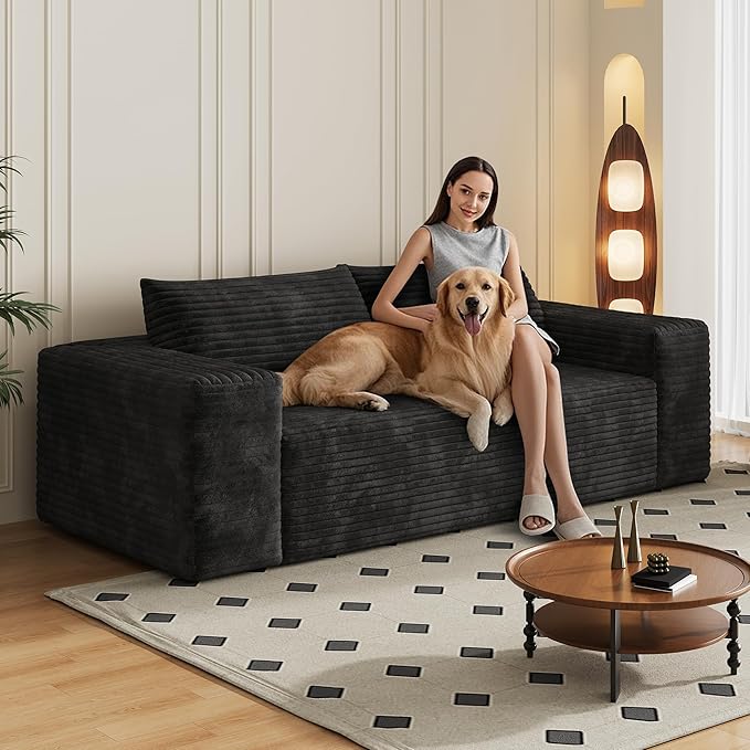 Boneless Cloud Loveseat Couch No Assembly Required Sofa in a Box 63/71 2 Seater Corduroy Compression Couch for Living Room Bedroom Apartment (Black 78.8) | Comfortable