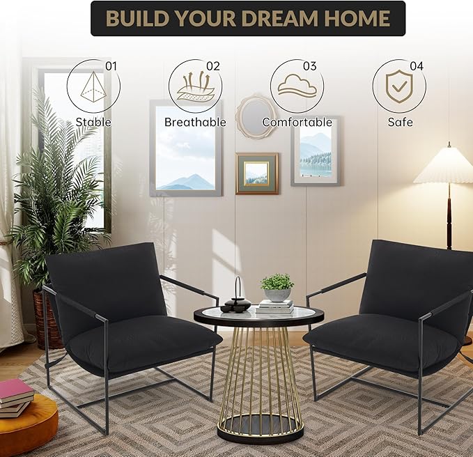 IDEALHOUSE Modern Accent Chair Armchair with Metal Frame for Living Room Upholstered Comfy Lounge Chair Cozy Accent Chairs with Soft Cushion for Bedroom Balcony Lounge Reading Room Black