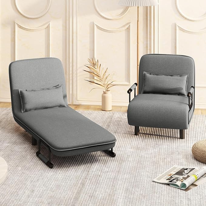 Giantex 26.5 Convertible Sofa Bed Folding Arm Chair Sleeper Leisure Recliner Lounge Couch (Grey)