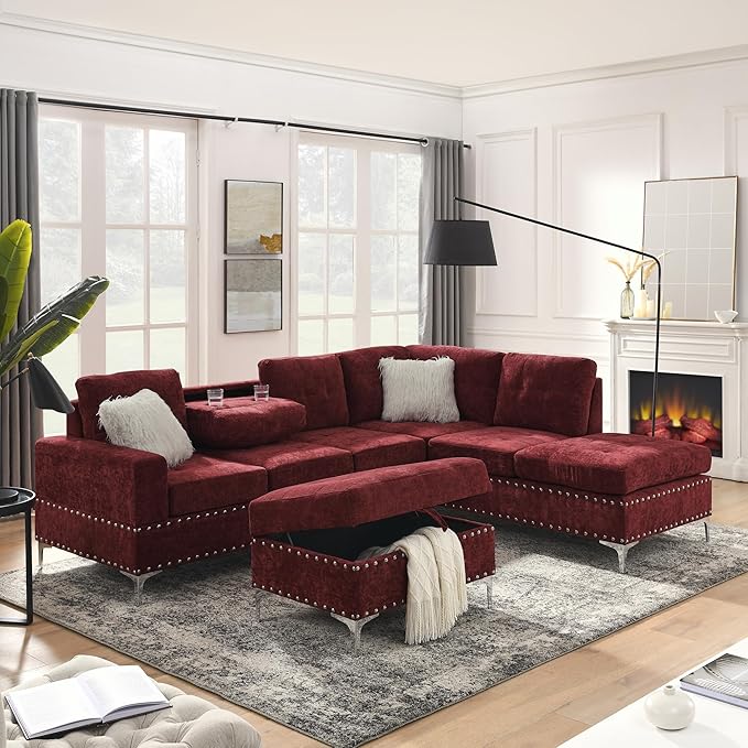 Yoglad 108'' Chenille Sectional Couches for Living Room Modular 5-Seater Couch Sofa with Reversible Chaise &amp Cup Holders L-Shaped Corner Sofa with Storage Ottoman for Living Room Apartment(Red)