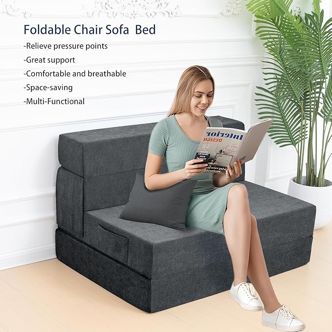 Folding Sofa Bed Chair with PillowConvertible Fold Out Chair Bed SleeperFoam Floor Mattress Foldable Futon Couch Bed for Living Room/Dorm/Guest/Office (Grey Twin)