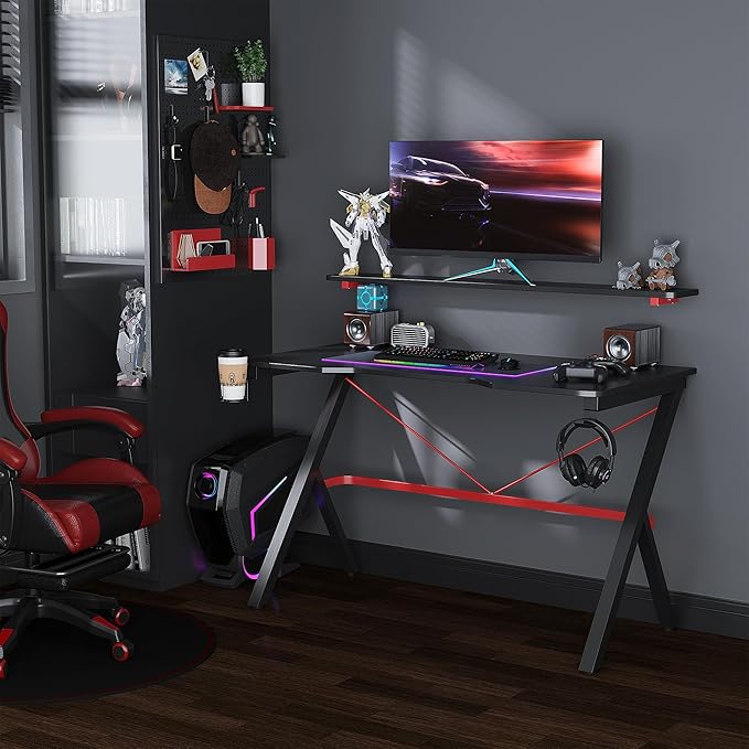 47 inch Gaming Desk Racing Computer Desk Home Office Workstation with Elevated Monitor Shelf Rotatable Cup Holder Headphone Hook Black