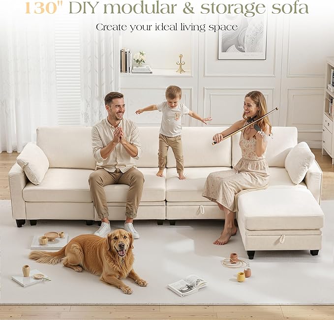 TUNYI 130 Sectional Couch with Storage Oversized Chenille Modular Sectional Sofa for Living Room Convertible Deep Seat Sofa Couches with Ottoman Armrest Pillow (Beige)