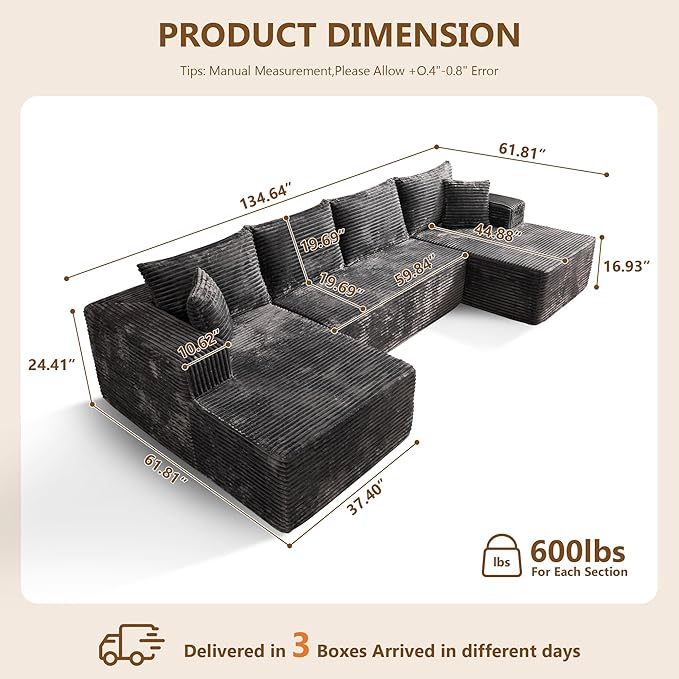 135 U-Shaped Cloud Sectional Couch Plush Corduroy Modular Sofa with Double Chaise No Assembly Deep Seat Boneless Sofa Set for Living Room (Gray U-Shape)