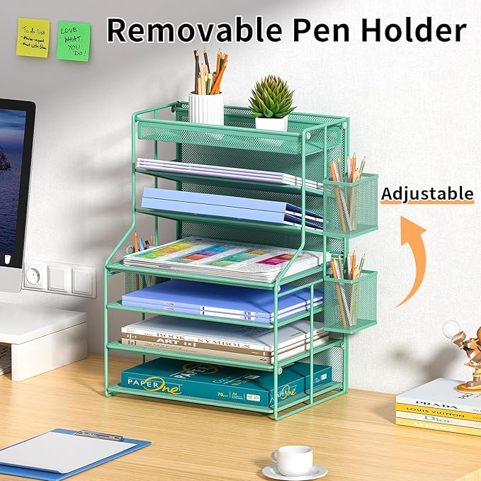 7 Tier Desk File OrganizerMetal Document Holder with Adjustable Shelves Pull-Out Drawer &amp Removable Pen Holder for Office OrganizationGreen