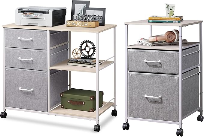 DEVAISE Mobile File Cabinet Combo Set: Lateral 3-Drawer &amp Vertical 2-Drawer with Open Shelf | Rolling Light Grey Office Storage Cabinets with Locking Casters