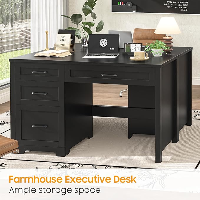 Vabches Farmhouse 47 Executive Desk with File Drawer Workstation for Home Office Study WritingWood Computer Desk with 3 Storage Drawers.(Black