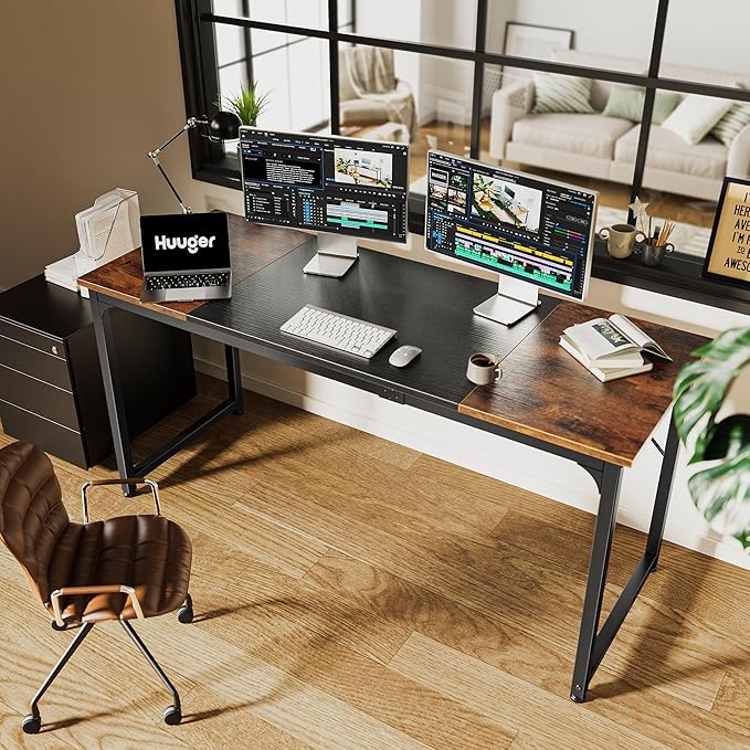 Huuger Computer Desk 63 Inch Office Desk Gaming Desk with Storage Writing Desk Work Desk for Home Office Study Modern Simple Desk Large Legroom Metal Frame Rustic Brown and Black