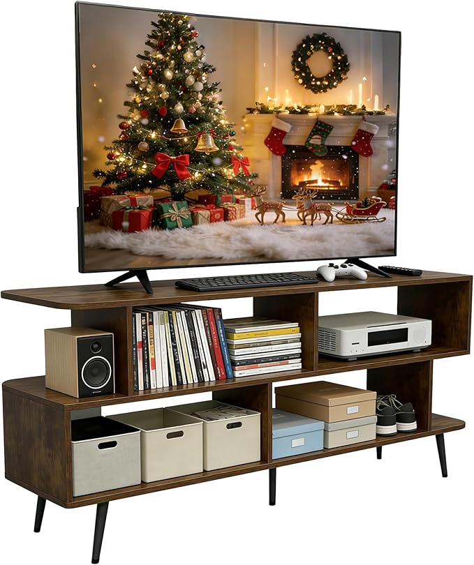 Lightdot 55 Inch TV Stand up to 65 Inch TVs Large Storage for Collection with 6 Open Shelves Sturdy Media Console Table for Living Room/Entrance/Kitchen/Sofa Cabinet Easy Assembly Amber