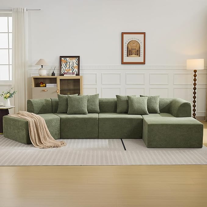 140''Oversized Cloud Velvet Curved Sectional Couch Boneless Couch with L-Shape Chaise Upholstered Compression Memory Foam Modular Sectional Sofa for Living Room No Assembly Required Green