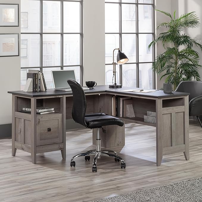 Sauder August Hill L-Shaped Home Office Desk Farmhouse Corner Desk with File Drawer Cable Management Mystic Oak Finish