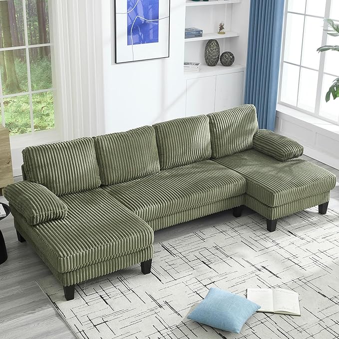 Sectional Couches for Living Room 114 Cloud Couch Modular Sofa Convertible U Shaped Couchs with Double Chaise 4-Seat Deep Seats Corduroy Sleeper Sofas for Home Furniture Green