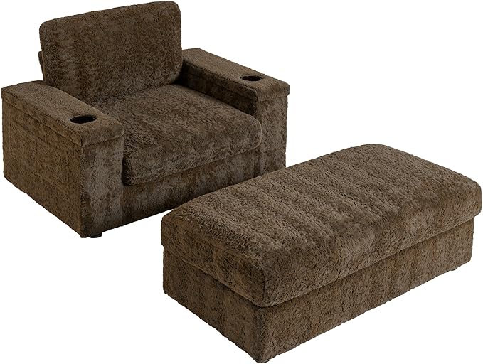 42 Oversized Chaise Lounge Chair Indoor Faux Rabbit Fur Upholstered Sleeper Chair with Storage Ottoman and Armrests Cup Holders Single Reading Couch for Living Room (Brown/19)