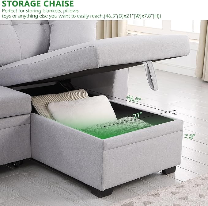 BEEY Sleeper Sofa Bed 82 Small Convertible Sectional Sofa Couch with Storage Chaise L Shaped Couch with Pull Out Bed for Bedroom Living Room (Light Grey F4002)