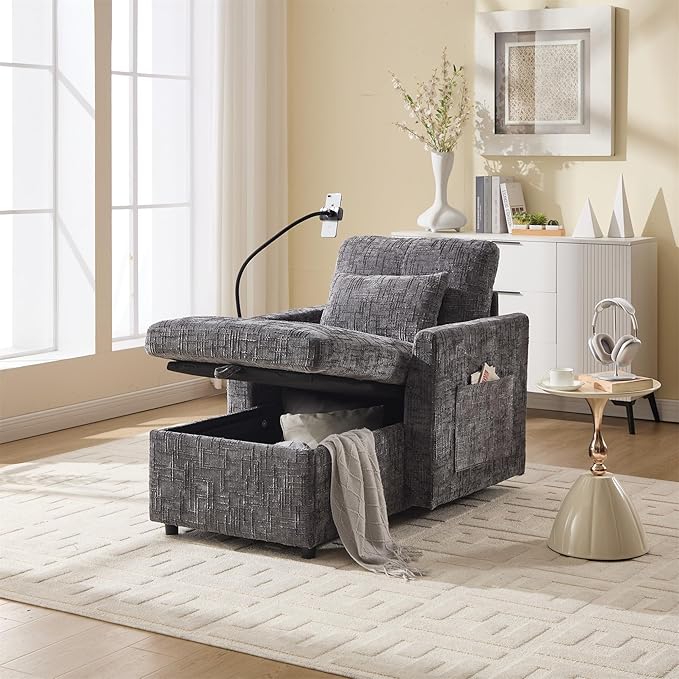 Multifunctional Recliner Sofa Chair with Storage Phone Holder &amp Adjustable Backrest Chenille Fabric Single Leisure Chair for Living Room Bedroom Small Spaces (Grey)