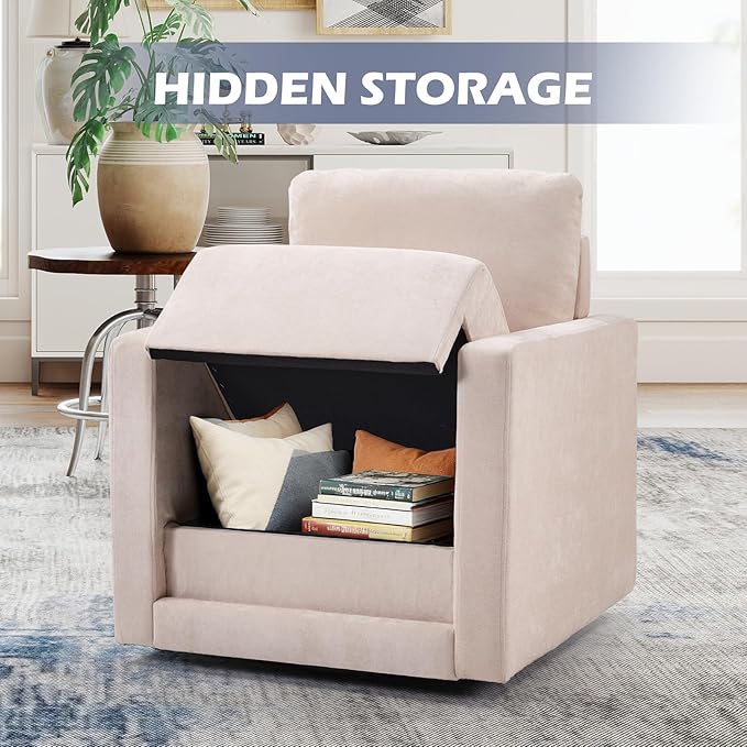 INZOY Swivel Accent Chair Set of 2 Comfy 360° Swivel Chair with Hidden Storage Upholstered Chenille Square Chair for Living Room Bedroom Small Spaces Fully Assembled Beige
