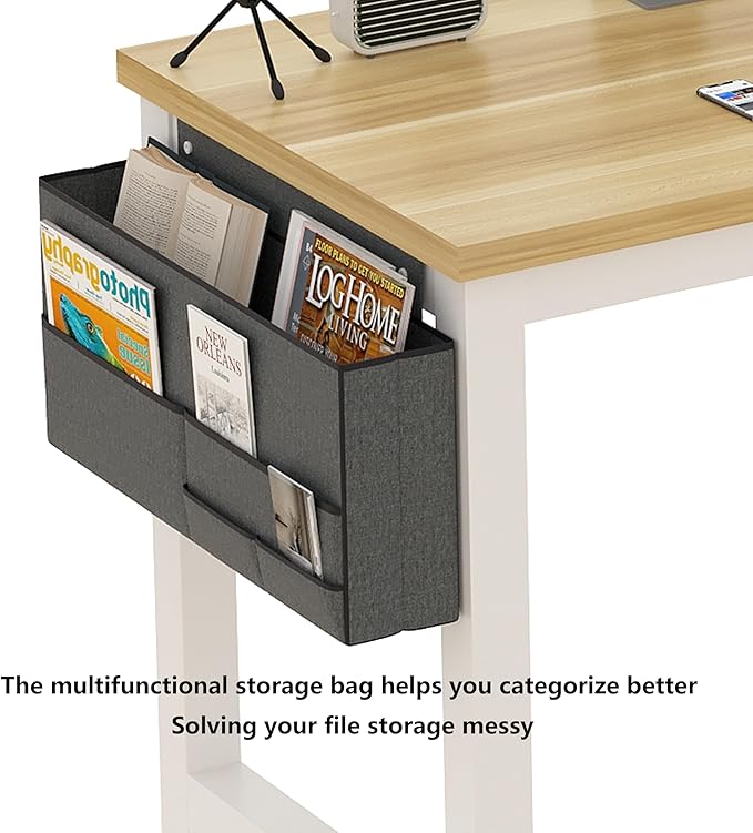 Large Computer Desk - 63 Inch Home Office Desks Study Student Writing Table Gaming Desk Wood Modern Simple Table with Storage Bag &amp Headphone Hooks Rustic White