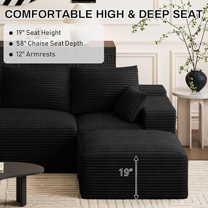 Modular Sectional Sofa Cloud Couch 108'' Comfy U Shaped Sectional Couches for Living Room Deep Seat Cozy Fluffy Corduroy Boneless Couch Sectionals Sofa with Movable Ottomanm Black