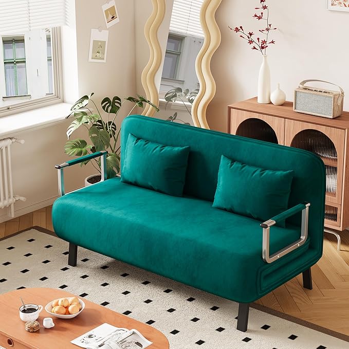 KEIKI 55 Luxury Velvet Loveseat Triple-Fold Sofa Bed 3 in 1 Convertible Sleeper Lounge Chair w/Adjustable Backrest &amp PillowsMulti-Functional Living Room Armchair for ApartmentsAntique Green