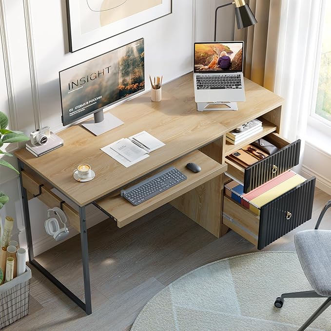 Bestier 55 Inch Computer Desk with Keyboard Tray Modern Office Desk with Storage Wood Writing Desk with File Drawer Fluted Panel &amp 2 Hooks for Home Office &amp Studio Natural Oak