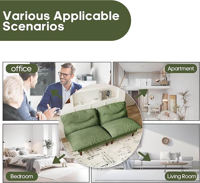 Futon Sofa Bed 4 in 1 Multi-Functional Futon Couch with Adjustable Backrest Convertible Sleeper Sofa Bed and Recliner Lounge Loveseat for Living Room Apartment Office 3 Sets Green