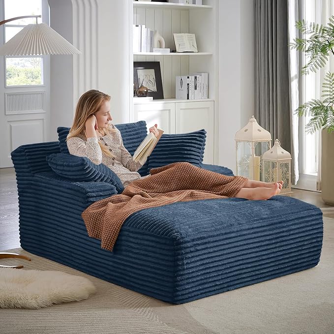 67 Inch Oversized Chaise Lounge Chair IndoorBoneless Corduroy Sofa Bed with Spring CushionDeep Seat Cloud Couch and Reading LoungerSoft Sleeper Sofa for Living RoomNo Assembly Required (Blue)