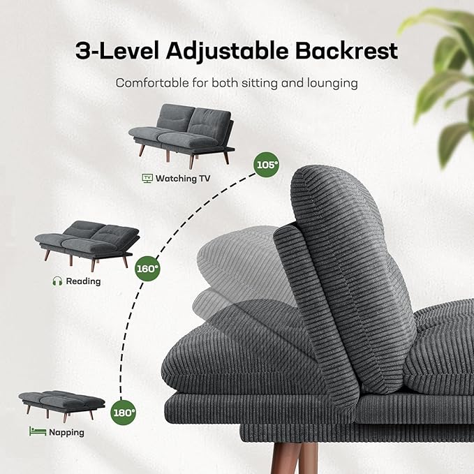 Marsail Futon Sofa Bed 66” Futon Couch with Adjustable Backrest &amp Armrests Convertible Small Sleeper Sofa Bed for Small Apartments Study Room Office Corduroy Loveseat Charcoal Gray