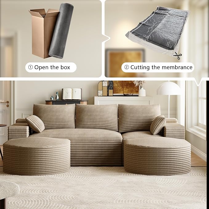 108 Modular Sectional Sofa Cloud Couch for Living RoomU Shaped Comfy Fluffy Light Brown Boneless Couches with 2 Curved OttomansModern Plush Corduroy Memory Foam Floor Couch with Chaise
