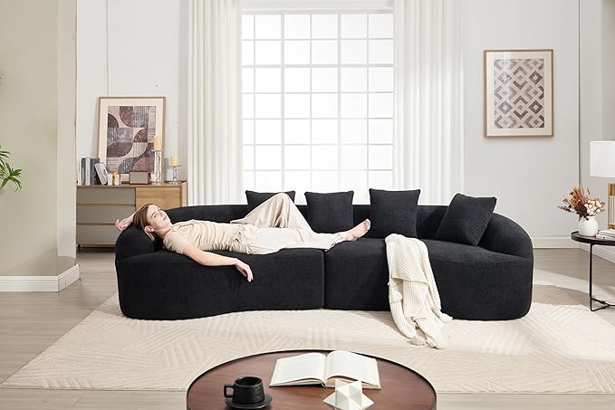 Oversized Sectional Sofa for Living Room 110 Modern Luxury Chenille 4-Seater Extra Deep &amp Wide Seat Curved Cloud Couch with 4 Throw Pillows No Assembly Needed Cream Black