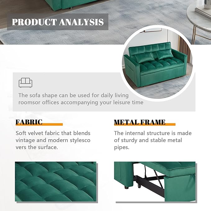 54 Convertible Sofa Bed Velvet Sleeper Sofa with Pull-Out Bed 3-in-1 Futon Couch with Reclining Backrest and Side Pocket Modern Loveseat for Living Room (Dark Green)