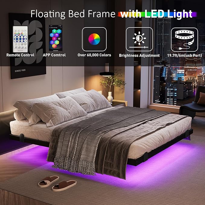 Floating Bed Frame with LED Lights and Charging Station 10 Inch King Size Floating Bed Frame King Platform Bed Frame No Box Spring Needed Easy to Assemble