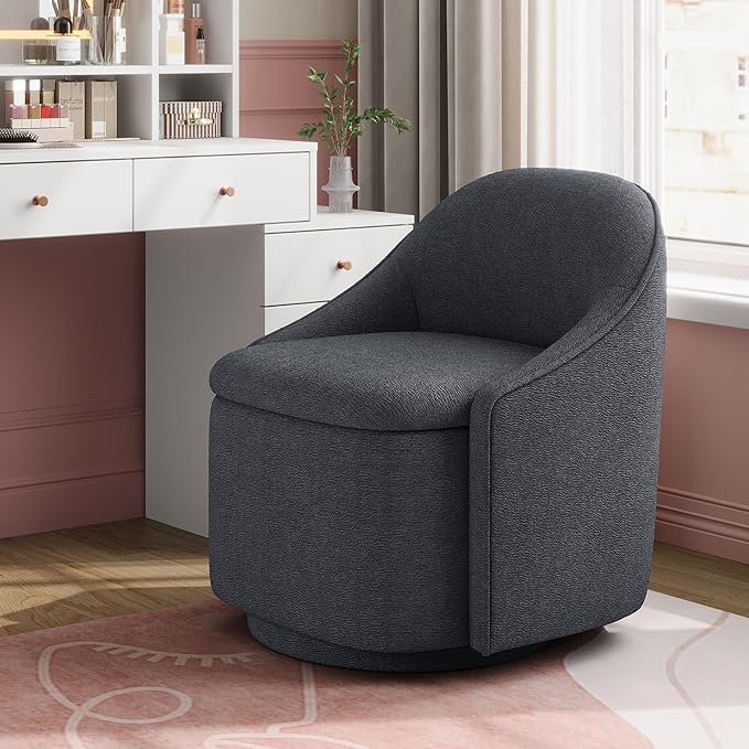 LINSY Swivel Accent Chair with Storage Comfy Chenille Barrel Chairs Small 360 Swivel Modern Armchair for Living Room Bedroom Boucle Reading Chair for Study Room (Grey)