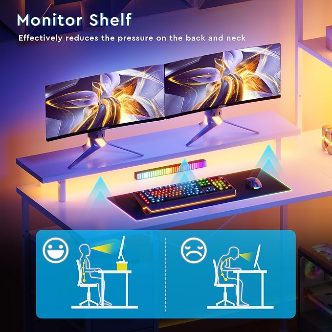 L Shaped Gaming Desk with ShelvesReversible Computer Gaming Desk with LED Lights and Charging StationHome Office Corner Desk with Monitor StandWhite
