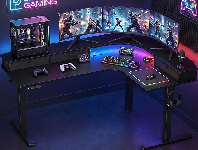 HUANUO 65″ L-Shaped Standing Desk with Power Outlets &amp LED Strip Electric Height Adjustable Corner Computer Desk Sit Stand Up Desk with 3 Drawers Black