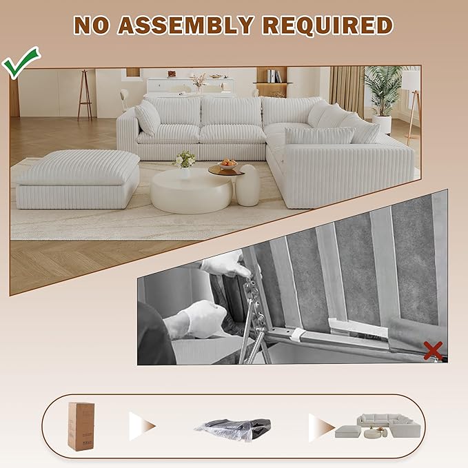 118.2 Modern V Shaped Corner Sofa Comfy Modular Sectional Cloud Couch with Plush Corduroy Fabric Deep Seat Upholstered Sofa Boneless Couches for Living Room No Assembly (White + Ottoman)