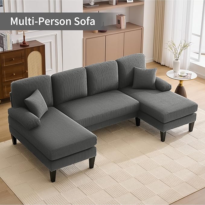 98 U Shaped Couch with 18 Seat Height Sectional Couches for Living Room 4 Seater Couch Set with Double Chaise for Apartment Living Room Sofas Corduroy Grey