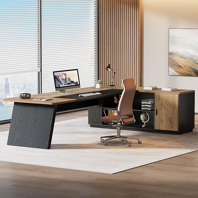 Tribesigns 79-Inch Executive Desk Large Office Desk with Cabinet L-Shaped Compter Desk with Storage Shelves Writing Table for Home Office Natural Oak and Black
