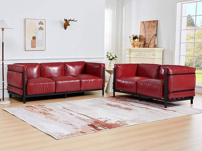 QHITTY 3 Seater Sofa Mid-Century Modern Upholstered Couch Chair Faux Leather Sofa Couch with Iron Frame and Upholstered Armrest Backrest Cushion for Living Room Office Apartment (Burgundy)