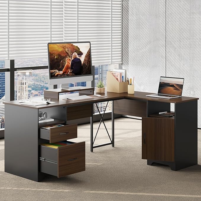 Bestier L Shaped Desk with File Drawers 63 x 47 Office Computer Desk with Storage Cabinet Corner Desk with Monitor Stand &amp Modesty Panel for Home Office Cherry