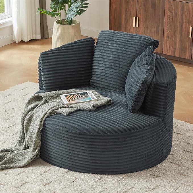 Oversized Round Chair 48W Corduroy Comfy Circle Armchair with Deep Seat &amp 3 Pillows Upholstered Floor Boneless Chair Fluffy Modern Cozy Sofa Chairs for Living Room Bedroom Apartment(Dark Gra